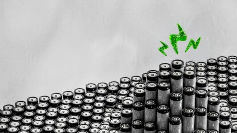 3D illustratie van batterij-energieopslag met groene energiestroom